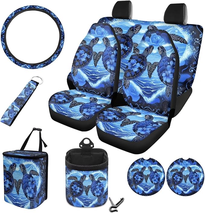 10 Pcs Car Seat Covers Full Set Interior Sets, Sea Turtle Flower Printed High Back Car Front Rear Seat Cover with Steering Wheel Cover Keychain Coaster Trash Can Air Vent Storage Bag