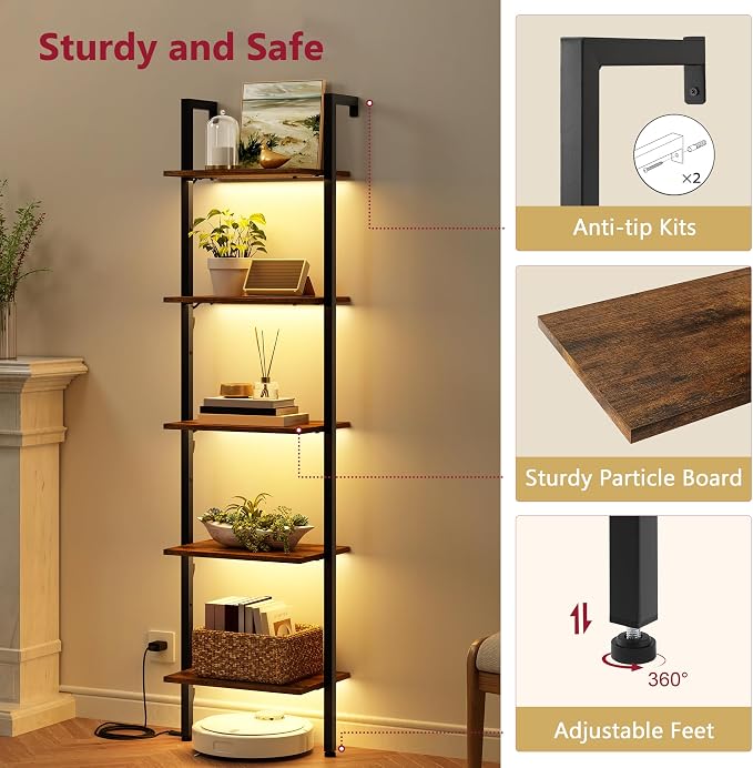 Tajsoon 5-Tier Ladder Shelf with LED Light, Wall Mounted Ladder Bookshelf with Metal Frame, Wall Ladder Bookshelf for Living Room, Bedroom, Office, Rustic Brown