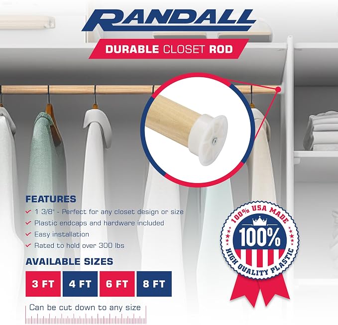 Closet Rod for Hanging Clothes, 3 FT Wood Closet Pole, 1-3/8" Thick Heavy Duty Closet Rod with Plastic Brackets & Screws, Natural Clothes Hanging Rod for Closet Organization, Made in USA