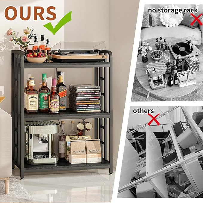 Bakers Rack with Power Outlet,Adjustable Microwave Stand with Storage,3-Tier Kitchen Shelves,Microwave cart Suitable for Kitchen,Dinning Room,Coffee Bar,Living, Black