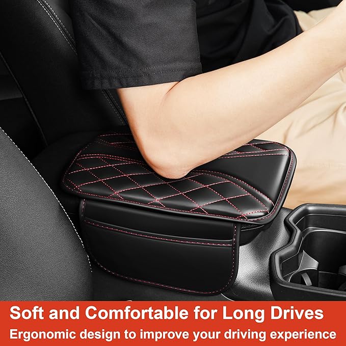 Center Console Cover Fit for Kia Soul 2010-2025 with 2 Storage Bags Waterproof Leather Quilted Pattern Car Armrest Cover Cushion Anti - Slip(002#Black&Red Line)