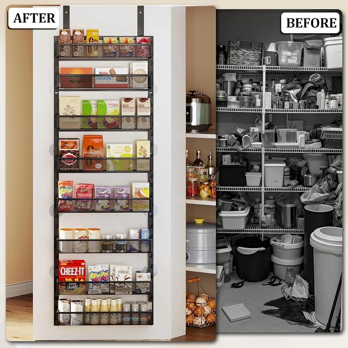 Over the Door Pantry Organizer, 8-Tier Over the Door Spice Rack with Adjustable Baskets, Wall-Mounted or Hanging Shelves for Kitchen, Laundry Room, Bathroom(Black, 19.3"W x 5.2"D x 72.6"H)