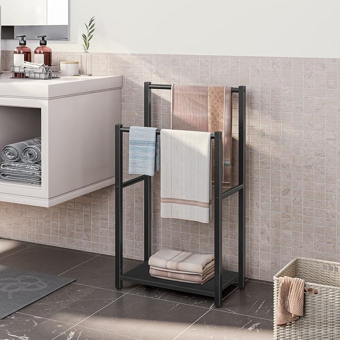 HOOBRO Free Standing Towel Rack for Bathroom, 16.5" L x 9.4" W x 31.5" H, 2 Tier Blanket Rack, Blanket Holder, Drying and Display Rack with Shelf, Black BB02LB01