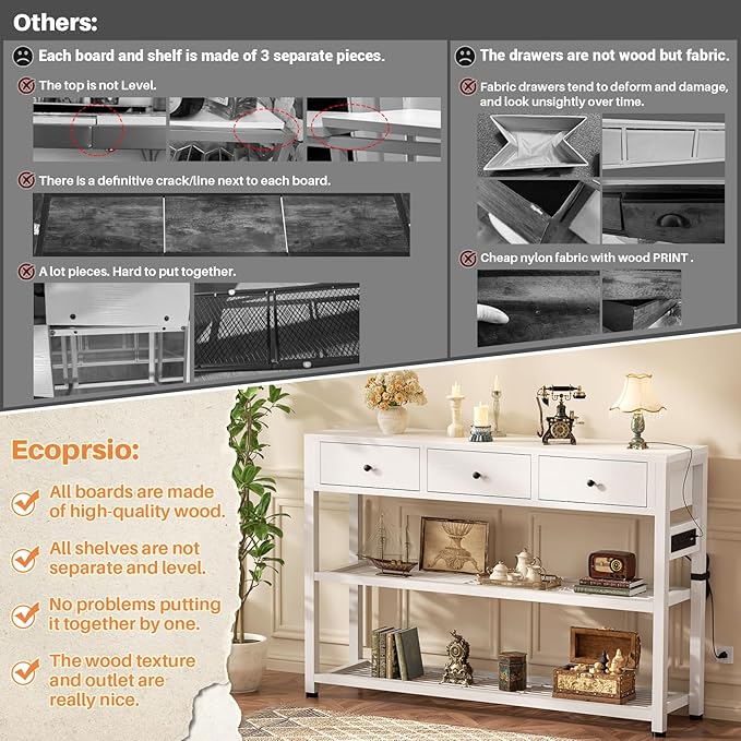 Ecoprsio 47'' Entryway Table with Outlets and USB Ports, Console Table with 3 Drawers, Sofa Table Narrow Long with Storage Shelves for Living Room, Couch, Hallway, Foyer, Kitchen Counter, White