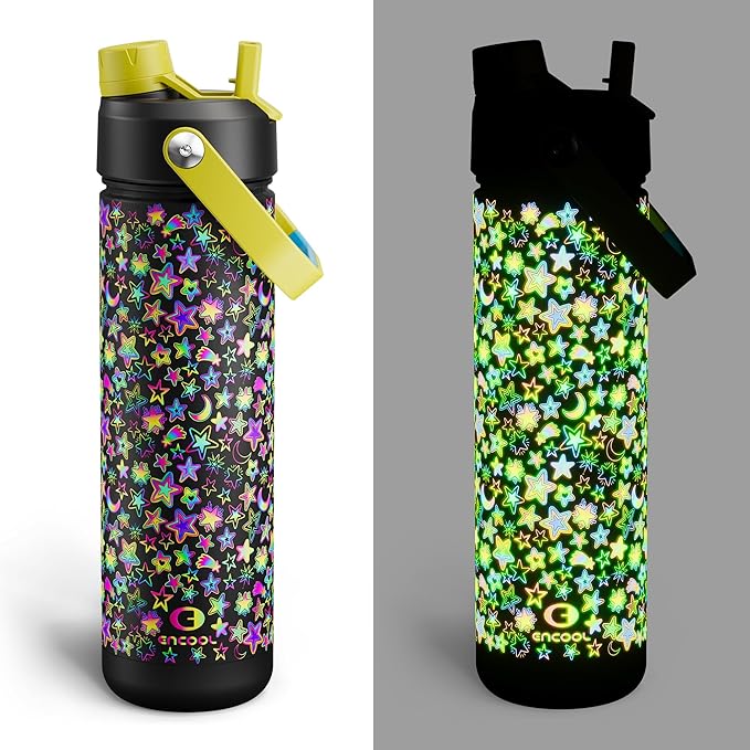 ENCOOL Insulated Water Bottle with Straw Stainless Steel Water Bottle, Glow in the Dark, Leak-Proof, BPA-Free, Keeps Cold for 24 Hours for Sports, Travel, School (26 oz, Neon Galaxy)