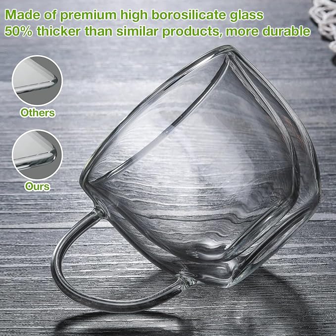 Double Walled Glass Coffee Mugs Set of 2, 8 oz Hand Blown Insulated mugs with Handle, Clear Coffee Mugs for Cappuccino, Latte, Espresso, Americano, Tea Bag, Beverage Glasses Heat Resistant Coffee Cups