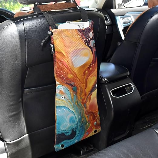 ALAZA Hanging Car Trash Bags Garbage Bag Trash Can for Back Seat Small Marble Orange Blue Washable Storage Bag Retractable 2 Pack