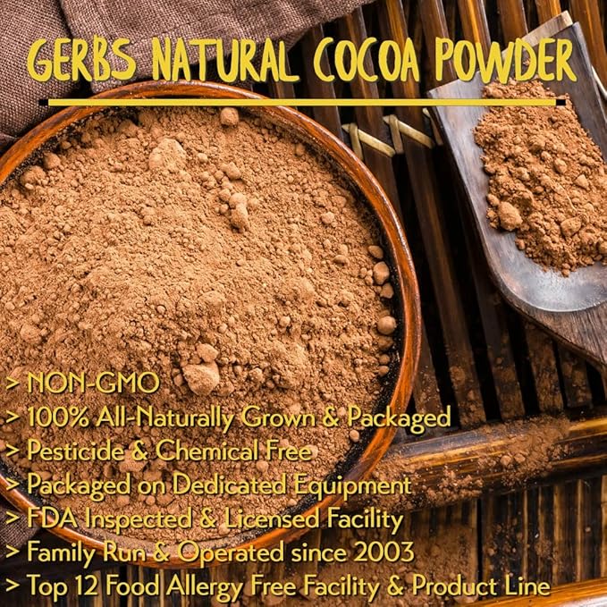 Gerbs Natural Cocoa Powder 4 lbs. | 10-12% Cocoa Butter Fat, Resealable Bag | Classic Unsweetened Cocoa | Top 14 Allergen-Free