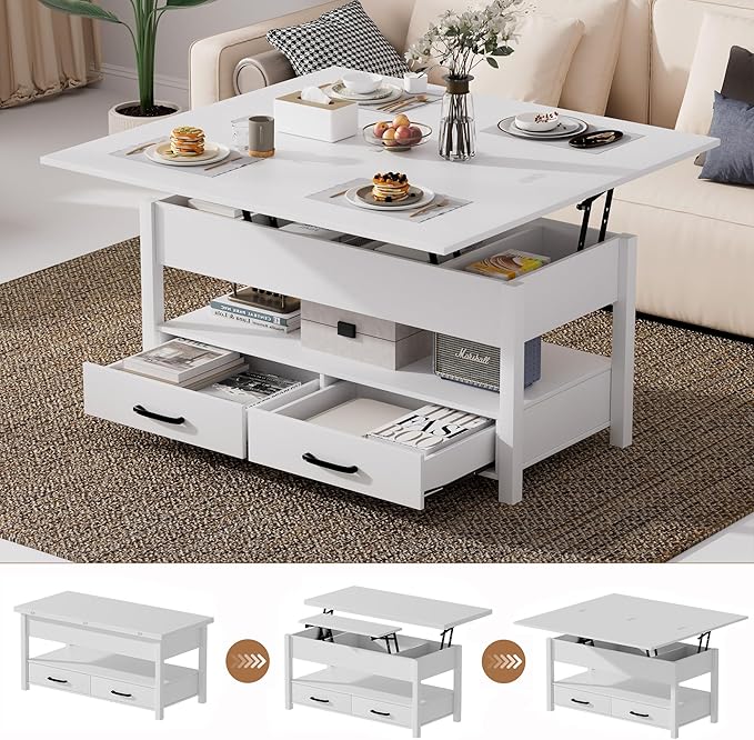 42'' Lift Top Coffee Table, 4-in-1 Multifunctional Lift Coffee Table with Storage & Hidden Compartments, Farmhouse Coffe Table with Lifting top for Living Room, Dining Reception Room, White