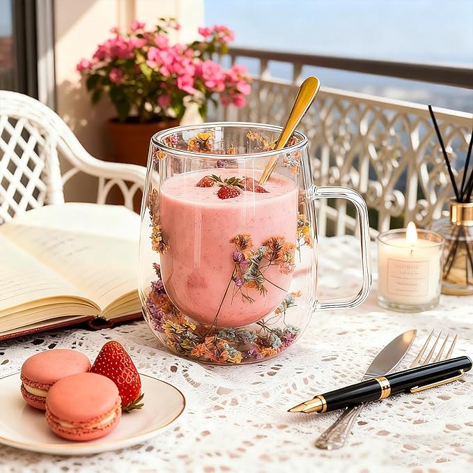 Double Wall Glass Coffee Mugs, Cute Clear Flower Cups with Handle, Unique Double Insulated Glass Cup for Cappuccino Tea Espresso Latte Hot Beverages, Birthday Gifts for Mother Women (12oz)
