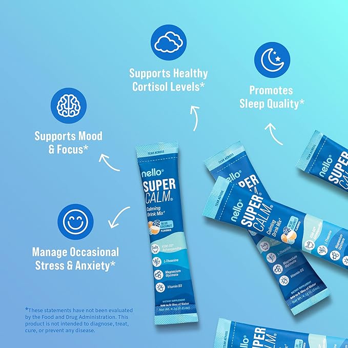 Nello Supercalm Drink Mix with Magnesium Glycinate, KSM 66 Ashwagandha, Vitamin D3 and L Theanine, Calm Powder Supplements for Relaxation Support, No Sugar, Travel Packets, 20 Ct, Blue Coconut
