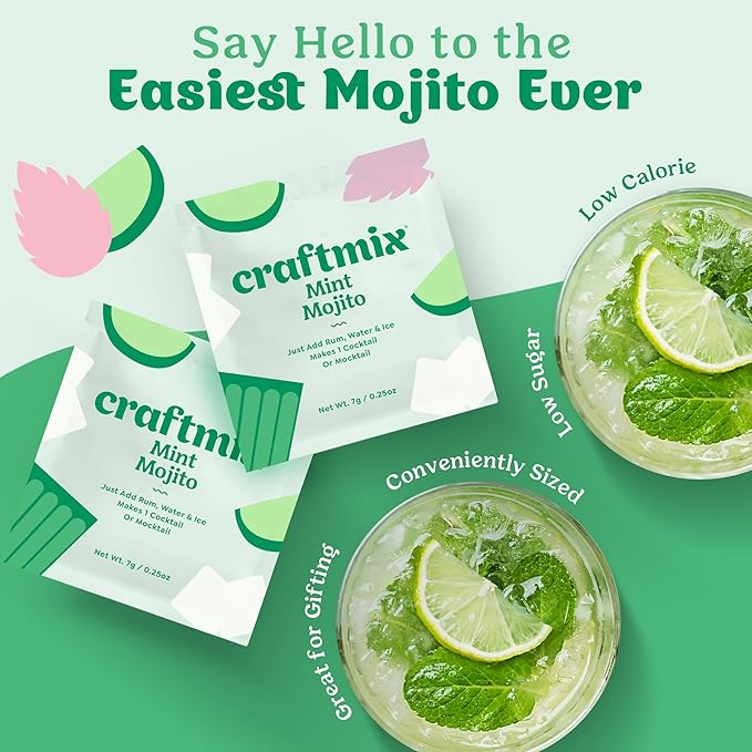 Craftmix Mint Mojito Cocktail & Mocktail Drink Mixer, Skinny Mixes - Water Flavoring Packets - Made With Real Fruit - Vegan Low-Carb, Low-Sugar, Non-GMO, Dairy Free, Gluten Free, 24 Pack