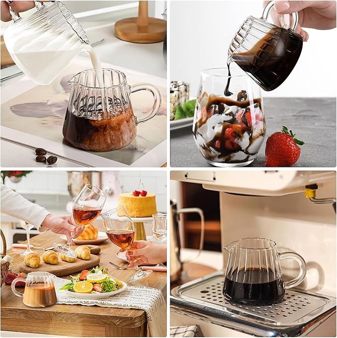 Loscarol 2 Pcs Small Glass Pitcher - Elegant Wave Shaped Creamer Pitcher for Coffee, Milk, Tea, 6 oz Milk Frothing Cup Creamer Jug for Kitchen