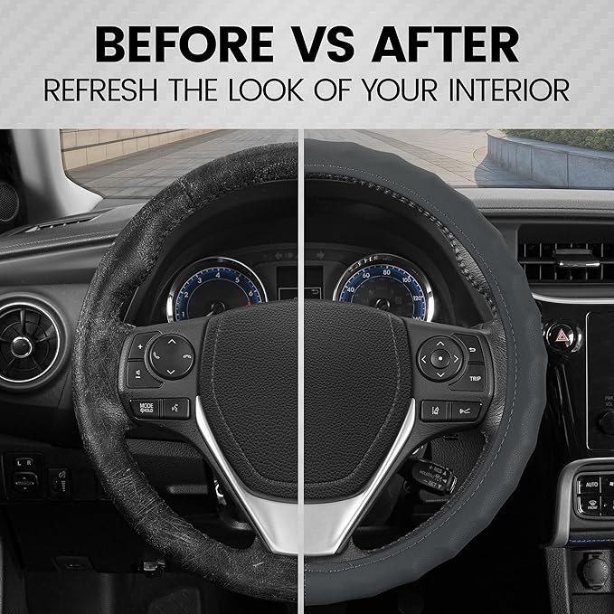 BDK Genuine Gray Leather Steering Wheel Cover for Car, Large 15.5-16 inch – Ergonomic Comfort Grip for Men & Women, Car Steering Wheel Cover for Vehicles with Large Steering Wheels