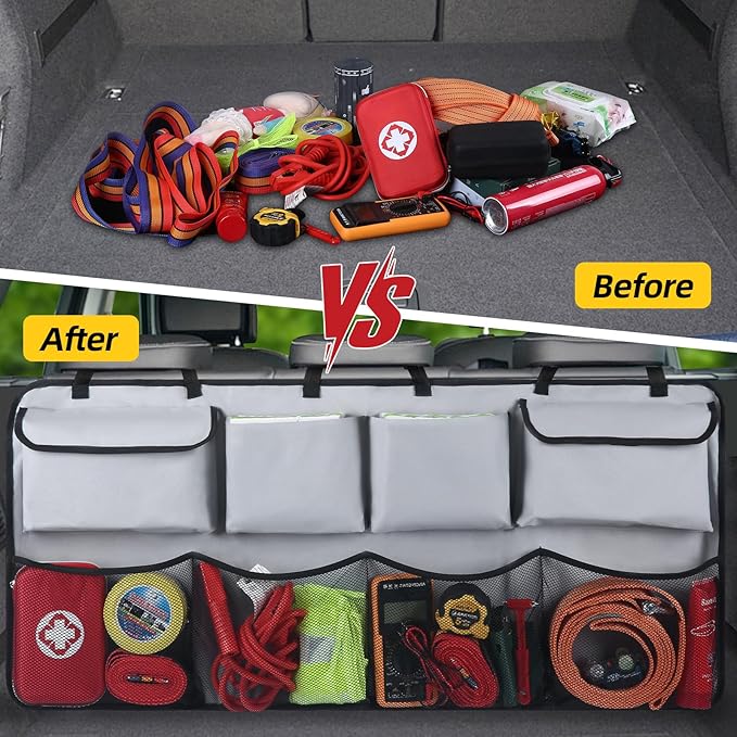Car Backseat Hanging Trunk Organizer Extra-Long, 30% More Storage, 8 Large Pockets Car Storage Bag for SUV, Truck, Van – Super Capacity SUV Hanging Organizer for a Neat & Clutter-Free Space - Grey