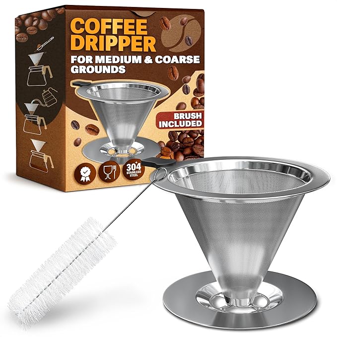 LEGLO Stainless Steel Pour Over Coffee Maker - 3.18x4.48 Pour Over Coffee Dripper with Wide Secure Base, Large Plastic Handle, and Brush for Easy Cleaning – Ensures Well-Balanced, Clean Flavor