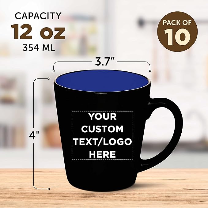 Custom Ceramic Coffee Latte Mugs 12 oz. Set of 10, Personalized Bulk Pack - Perfect for Coffee, Tea, Espresso, Hot Cocoa, Other Beverages - Royal Blue