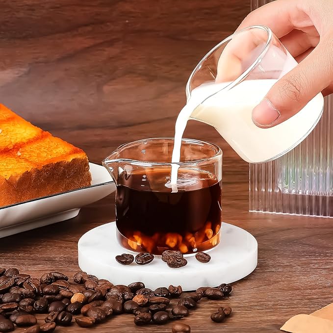 Leinuosen 4 Pcs Small Glass Creamer Pitcher Set Transparent Mini Poured Glass Tea Pitcher, Milk and Coffee Serving Jugs for Tea Milk Coffee (No Handle Style)