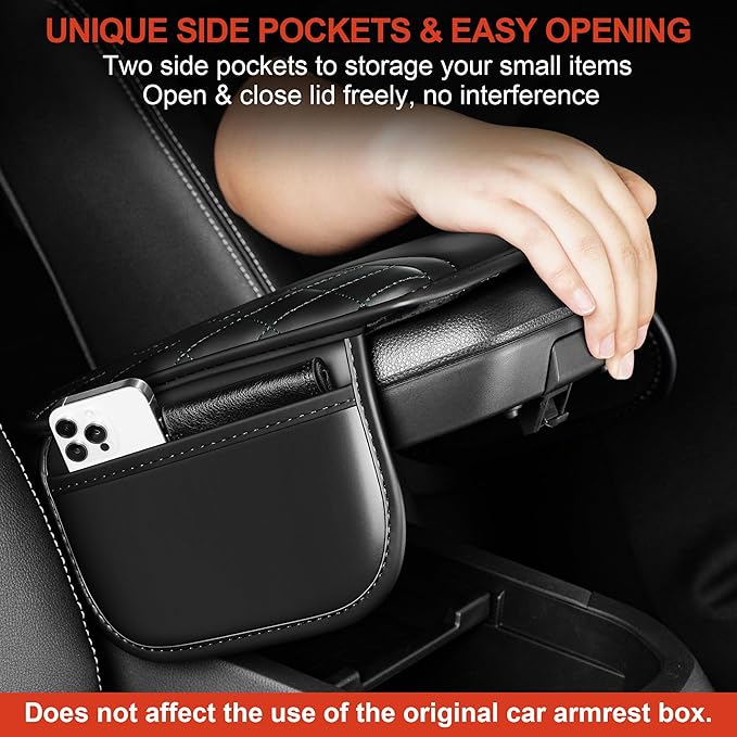 Center Console Cover Fit for Kia Sorento 2003-2025 with 2 Storage Bags Waterproof Leather Quilted Pattern Car Armrest Cover Cushion Anti - Slip(002#Black)