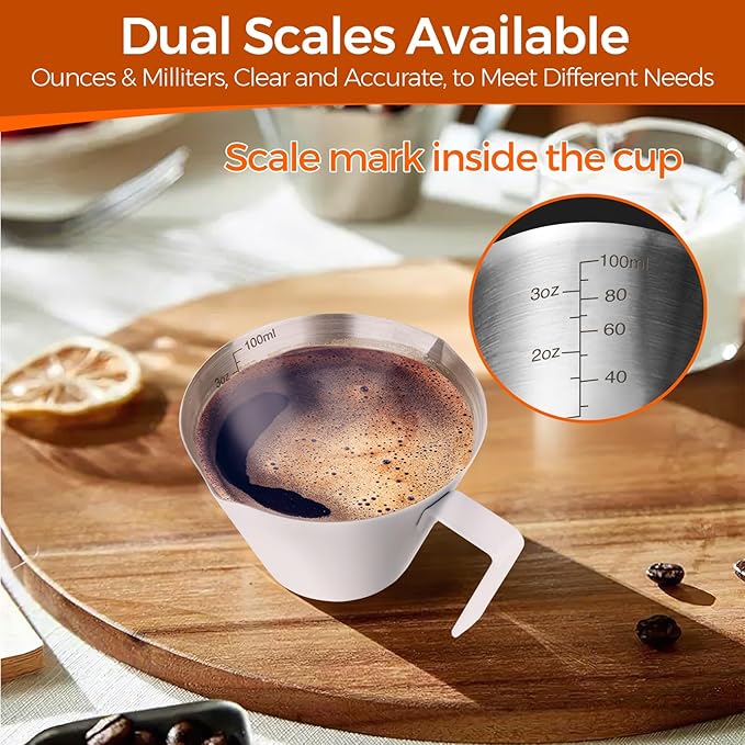 YARRAMATE Stainless Steel Espresso Shot Cup, Double Spout Metal Espresso Measuring Cup with V-Shaped Mouth, Espresso Accessories, 3.4OZ/100ML (White)
