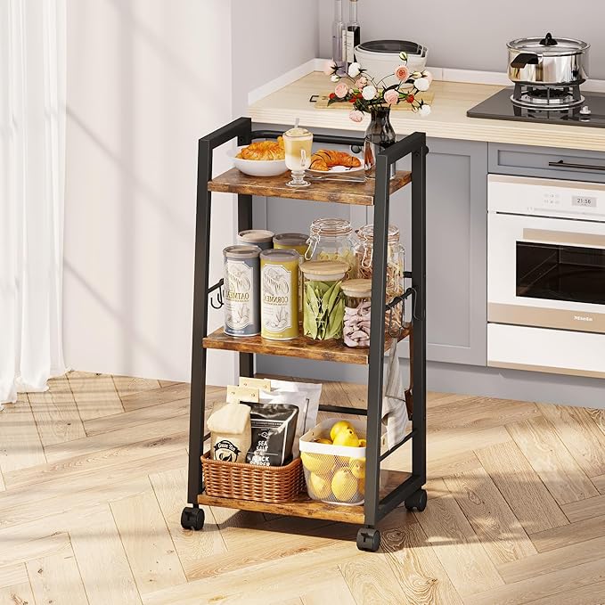 3 Tier Kitchen Storage Cart with Lockable Wheels & 6 Hooks, Mobile Utility Organizer Rolling Cart for Small Spaces, Bar Cart for Kitchen and Living Room, Rustic Brown