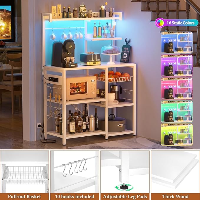 Aheaplus Bakers Rack with Power Outlet and LED light strings, Microwave Oven Stand Kitchen Storage Shelf with Wire Basket, Coffee Bar Station Island table with 10 hooks for Spices, Pots, Pans, White