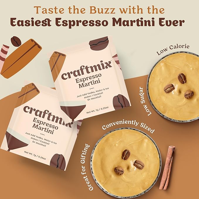 Craftmix Espresso Martini Cocktail & Mocktail Drink Mixer, Skinny Mixes - Water Flavoring Packets - Made With Real Coffee Beans - Vegan, Low-Carb, Low-Sugar, Non-GMO, Dairy Free, Gluten Free, 12 Pack