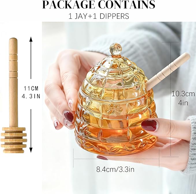 kanpura Honey Jar Pot Glass Holder Dispenser Set with Wooden Dipper Stick and Lid for Home Kitchen, Modern Syrup Glass Container for Storage Gift (Champagne,3.7 Oz)