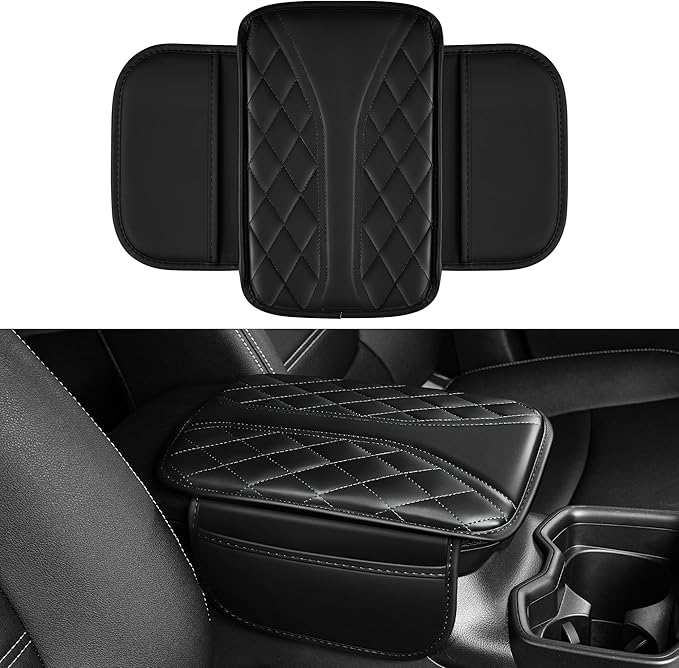 Center Console Cover Fit for Canyon: Scratch and Wear Resistant Leather Console Cover with 2 Storage Bags -Upgraded Armrest Cover for Car,Anti-Scratch Auto Armrest Pad Accessory （Black