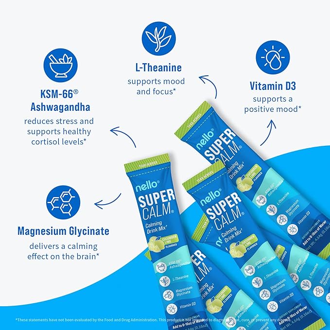 Nello Supercalm Powdered Drink Mix, Cortisol Reducer and Sleep Aid Supplement, L Theanine, Ksm-66 Ashwagandha, Magnesium Glycinate, Vitamin D 3, No Sugar, Non GMO, On The Go, 20 Ct, Cucumber Lime