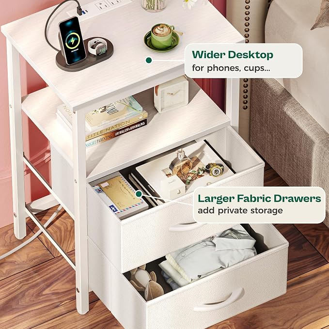 Huuger Night Stand with Charger Station and LED Lights, 2 Drawer Nightstand, Bed Side Table with Open Shelf, End Table, Fabric Dresser for Bedroom, PU Leather, White