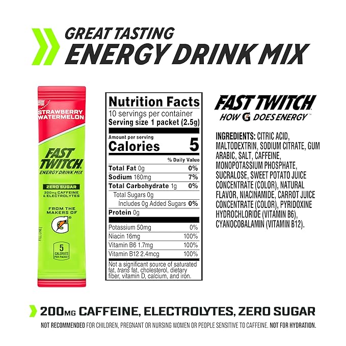 Fast Twitch Energy Drink Mix from Gatorade Powder Sticks, Strawberry Watermelon, 0.08oz Packets, 10 Pack, Zero Sugar, Electrolytes, Caffeine