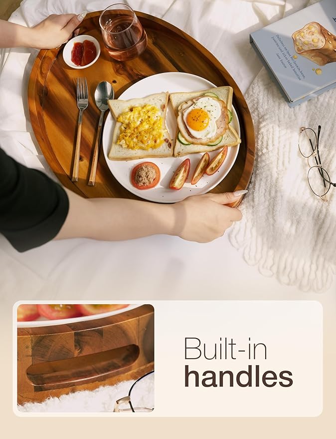 Acacia Wood Ottoman Tray with Handles - 20" x 15" Round - Large Oval Serving Trays for Living Room -Wooden Trays for Decorative for Kitchen Counter, Coffee Table, Breakfast in Bed (Acacia)
