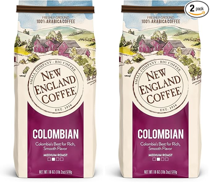 New England Coffee Colombian Medium Roast Ground Coffee, 18oz Bag (Pack of 2)