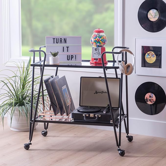 Gina Black Mid Century Bar Cart with Mirrored Shelves by Linon