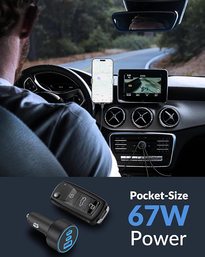 67W USB C Car Charger Super Fast Charging, 2Pack 3-Port 12-24V Car Accessories Phone Cigarette Lighter Adapter with USB C PD&QC 3.0 Fast Charger for iPhone 17 16 15 14 13 12 11 Pro Max, iPad, Galaxy