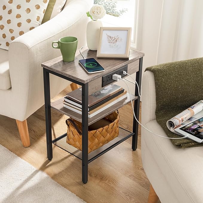 HOOBRO Side Tables Set of 2 with Charging Station and USB Port, Small End Tables for Small Space, 3-Tier Nightstands with Adjustable Shelf, for Living Room, Bedroom, Greige BG112BZP201