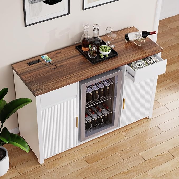 GDLF Large Coffee Bar Cabinet with Fridge Space, Mini Fridge Cabinet with Wine Storage, Buffet Sideboard Table for Home, Fluted Modern Design,53.2" L，White