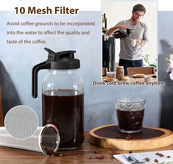 Cold Brew Coffee Maker Pitcher, Black 64 Oz Heavy Duty Wide Mouth Glass Mason Jar pour spout Lid with Stainless Steel Filter for Iced Coffee, Ice Drinks