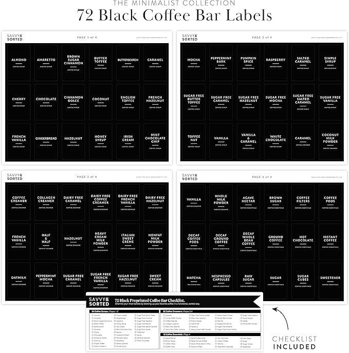 Black Coffee Bar Essentials Labels, 72 Preprinted Coffee Syrup Station Organizer Stickers, Accessories and Gifts for Coffee Lovers