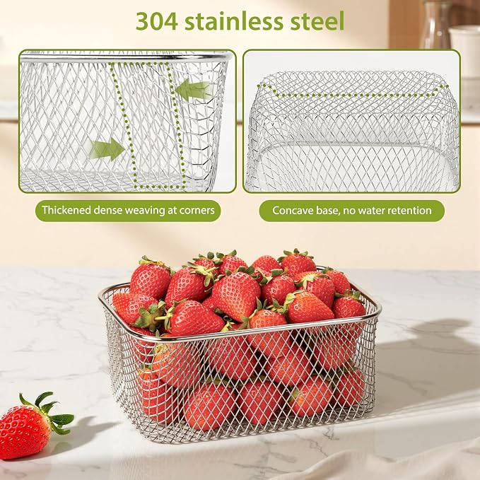 3 PCS Large Fruit storage Containers for Fridge - Leakproof Food Storage Containers with Stainless Steel Colander - Dishwasher safe Produce Containers Keep Fruits, Vegetables, Berry, Meat Fresh longer
