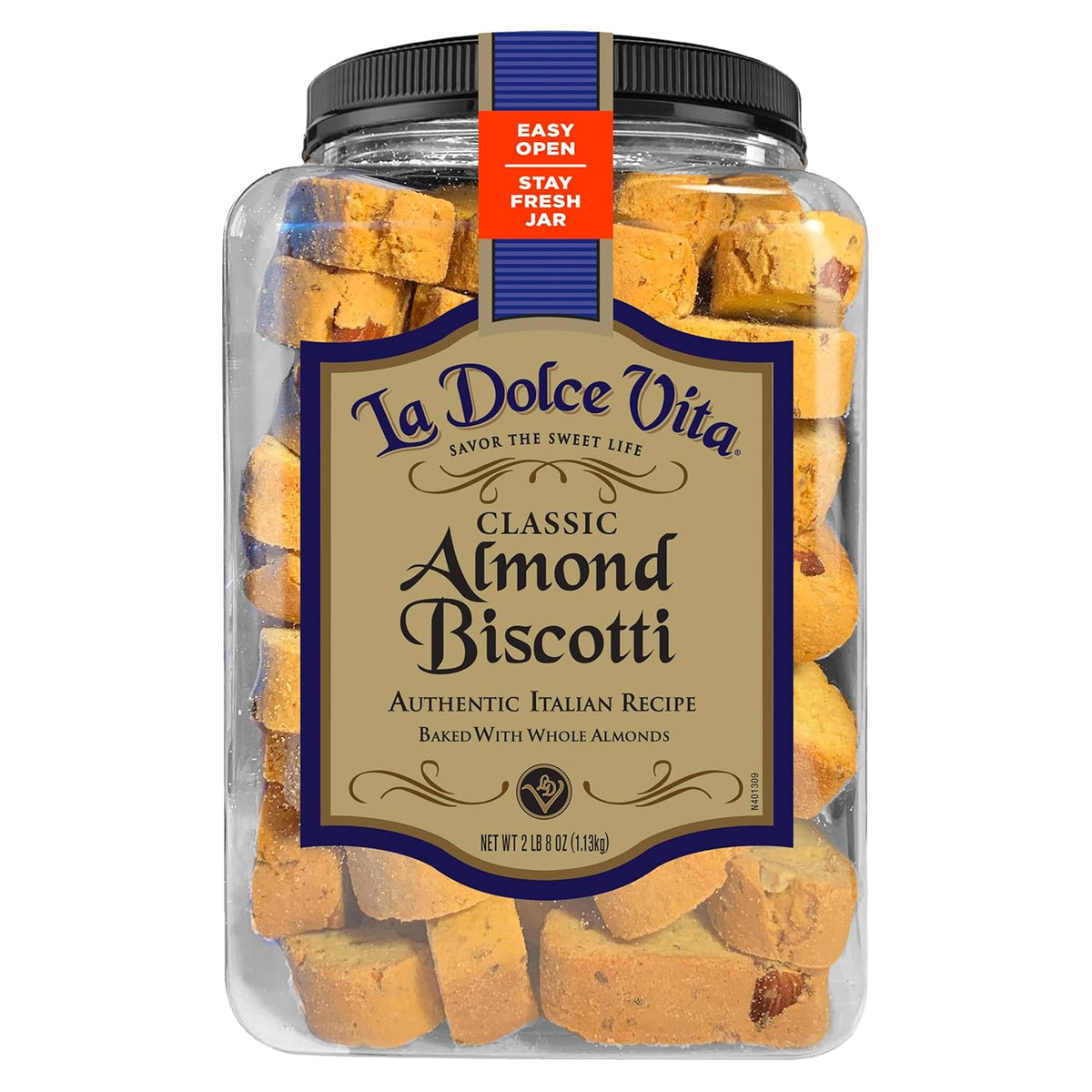 La Dolce Vita Classic Almond Italian Biscotti Cookies, 40 oz jar, gourmet coffee and tea dipping snack