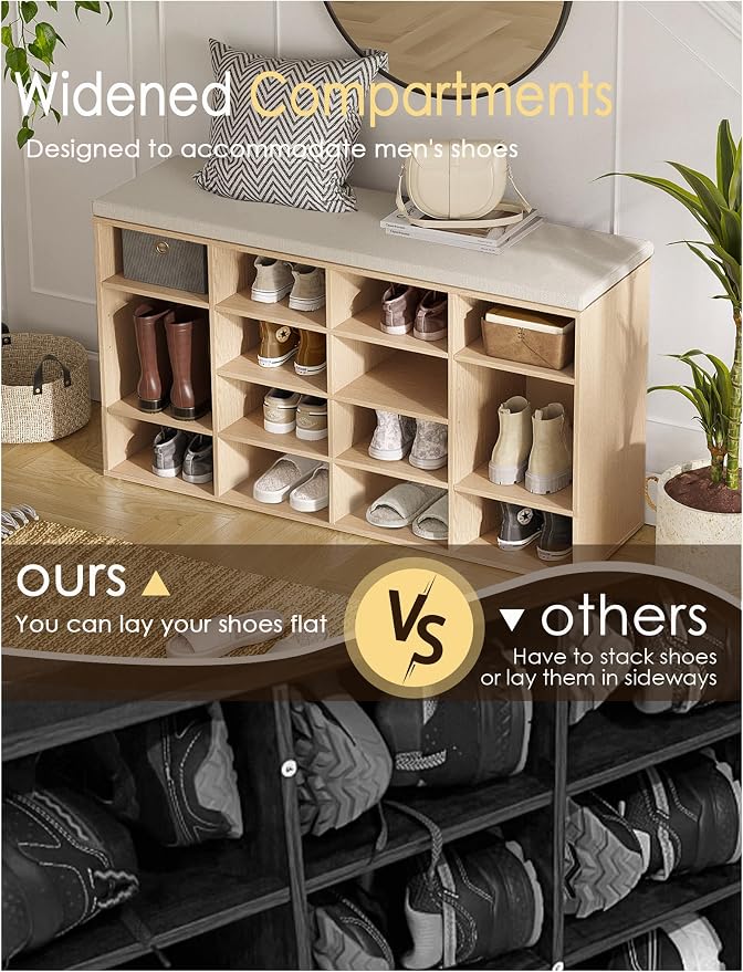 DINZI LVJ Shoe Storage Bench with Cushion, 16-Cubby Shoe Rack, Adjustable Shelves, 40.9" Long Shoe Organizer Bench for Entryway, Mudroom, Hallway, Garage, Natural and Cappuccino Beige