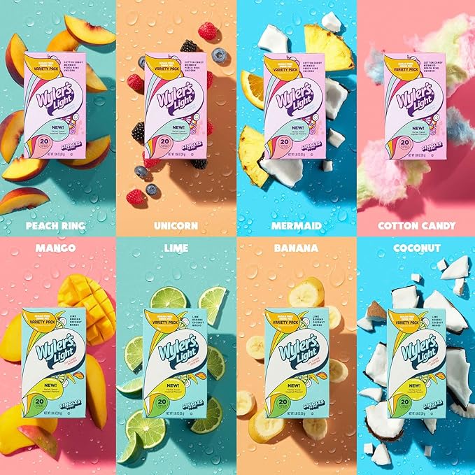 Wyler's Light Singles to Go Powder Packets,Water Drink Mix,Variety Packs,Lime,Banana,Coconut,Mango,Watertok Base Flavors,Sugar & Caffeine Free,On-The-Go, 20 Count (Pack of 2)