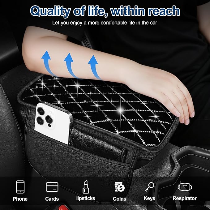 Armrest Cover with 2 Storage Bags Fit for VW/Volkswagen CC Faux Leather Car Center Console Cover with DiamondStorage Box Waterproof Arm Rest Covers(Black)