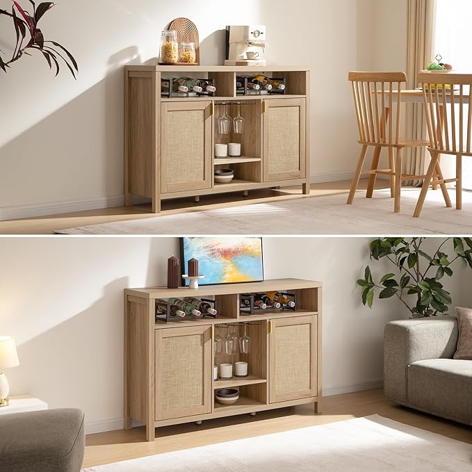 SICOTAS 51" Coffee Bar Cabinet Bar Cart with Storage, Wine Bar Cabinets Boho Home Bar Table, Rattan Sideboard Buffet with 2 Doors, Coffee Station with Wine Racks for Living Dining Room Entryway
