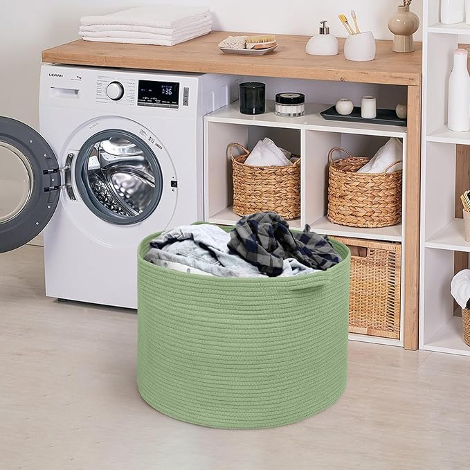 MEGASKET Extra Large Green Basket, 22" X 22" X 14" Woven Cotton Rope Baskets for Blankets, Nursery Laundry Basket, Cute Kids Toy Storage Bin, Green Living Room Bedroom Decor Baskets for Organizing