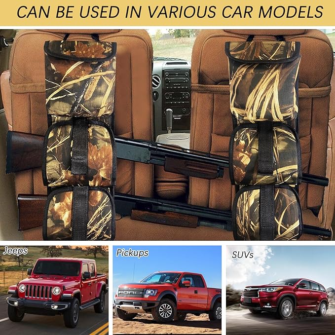 Seat Back Gun Rack, 2 Pack Truck Gun Rack Foldable Car Seat Back Gun Holder Camo Rifle Holder with Storage Pockets, Gun Sling Bag for Hunting Rifles/Shotguns, Fit Most Truck SUV