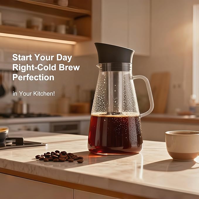 Cobalance Classic Glass Cold Brew Coffee Pitcher, 50oz, Removable Mesh Filter & Secure Lid