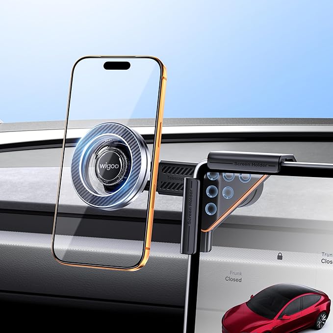 Wigoo for Magsafe Tesla Phone Mount, Magnetic Phone Holders for Tesla Model 3 Y Accessories, 【Strongest Magnet Power, No Glue, Extendable Arm】 Vacuum Car Phone Mount for iPhone 17 16 15 14 13 Series